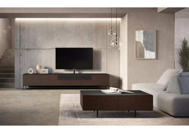 Tv-meubel eik kastanje gegroefd, met audiofront (279 cm)